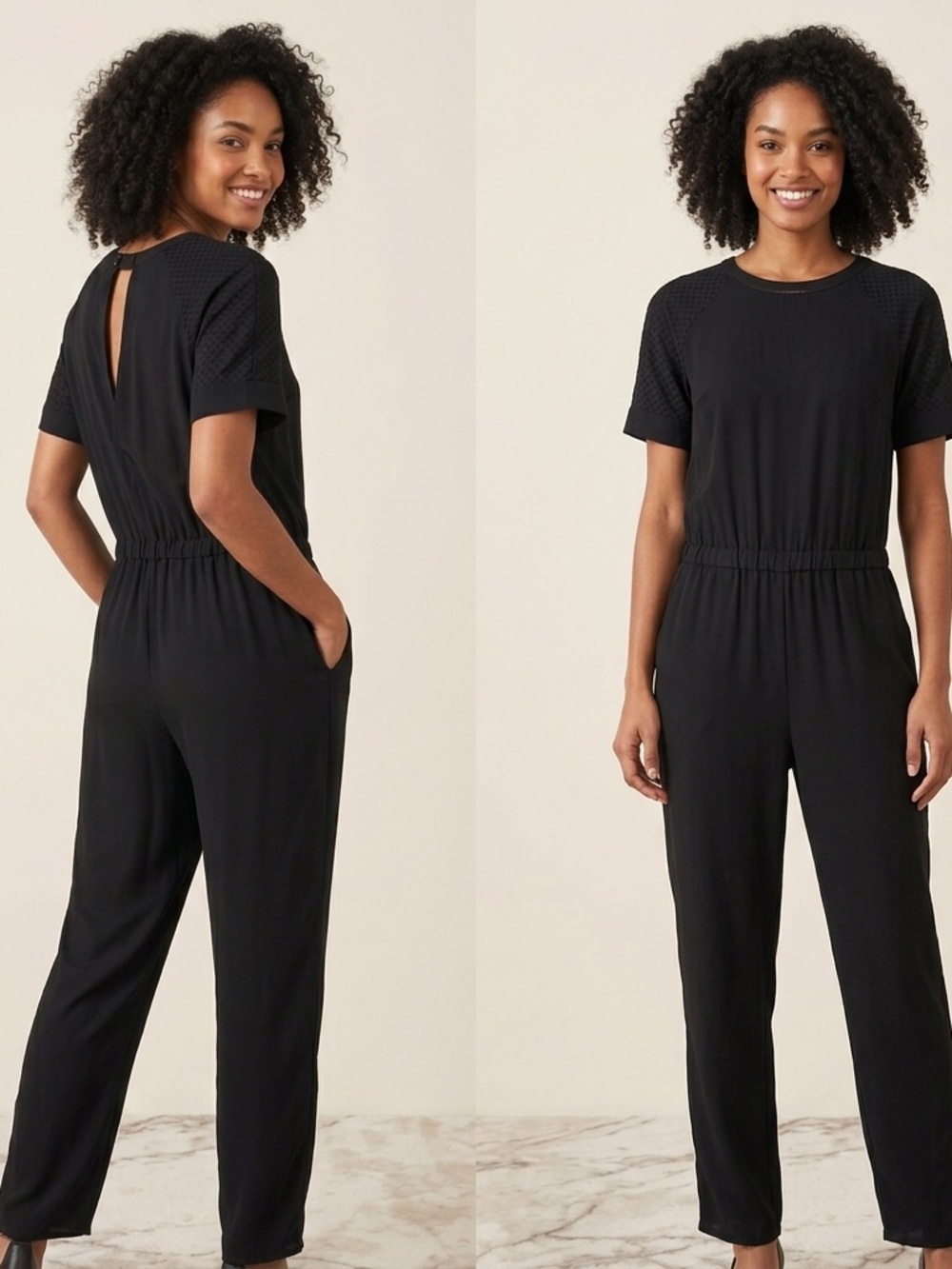 Anthropologie Black Short-Sleeve Elastic-Waist Jumpsuit